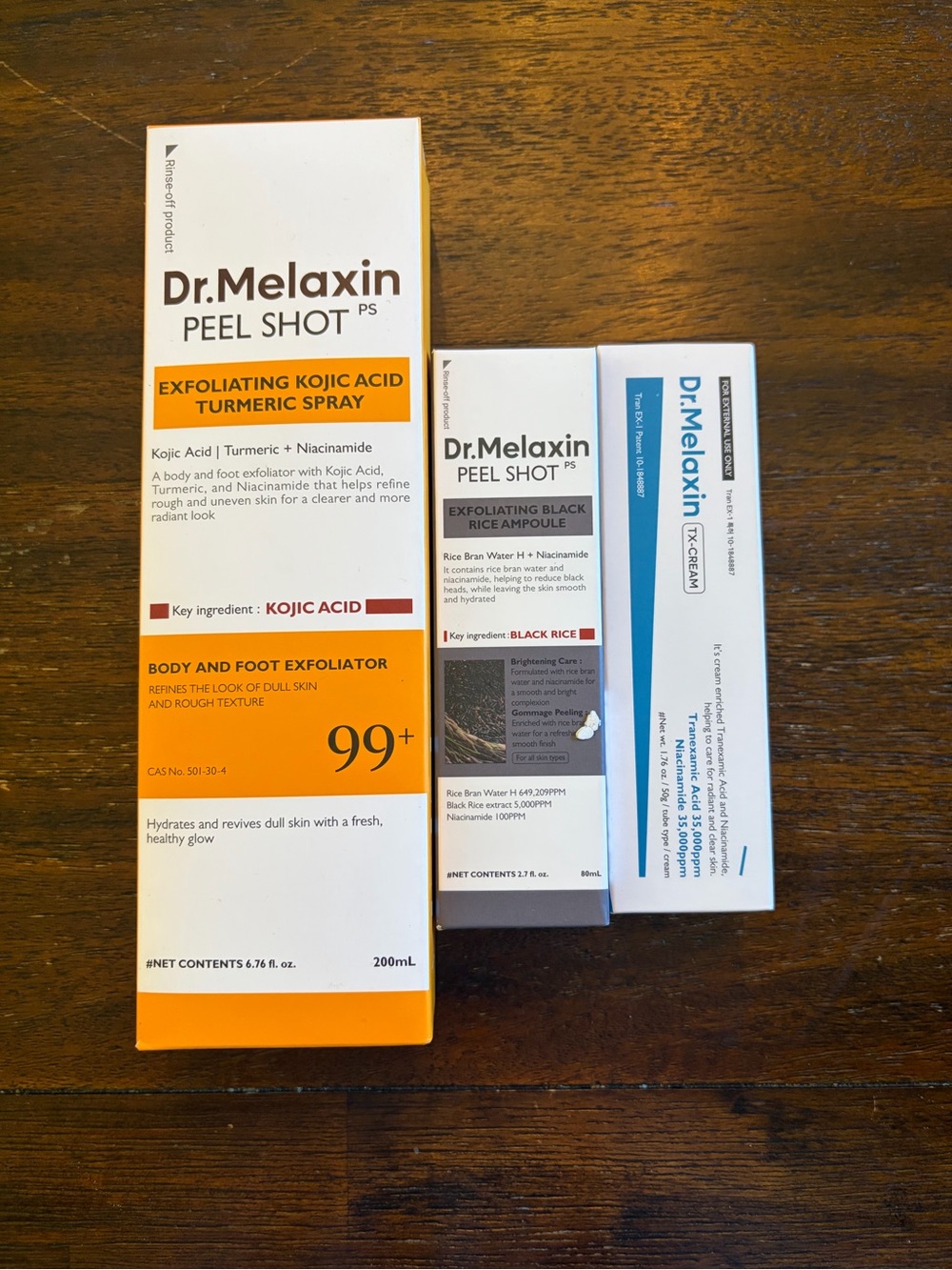 Dr. Melaxin Skincare 3pc Lot Peel Shot Kojic Acid Black Rice TX Cream